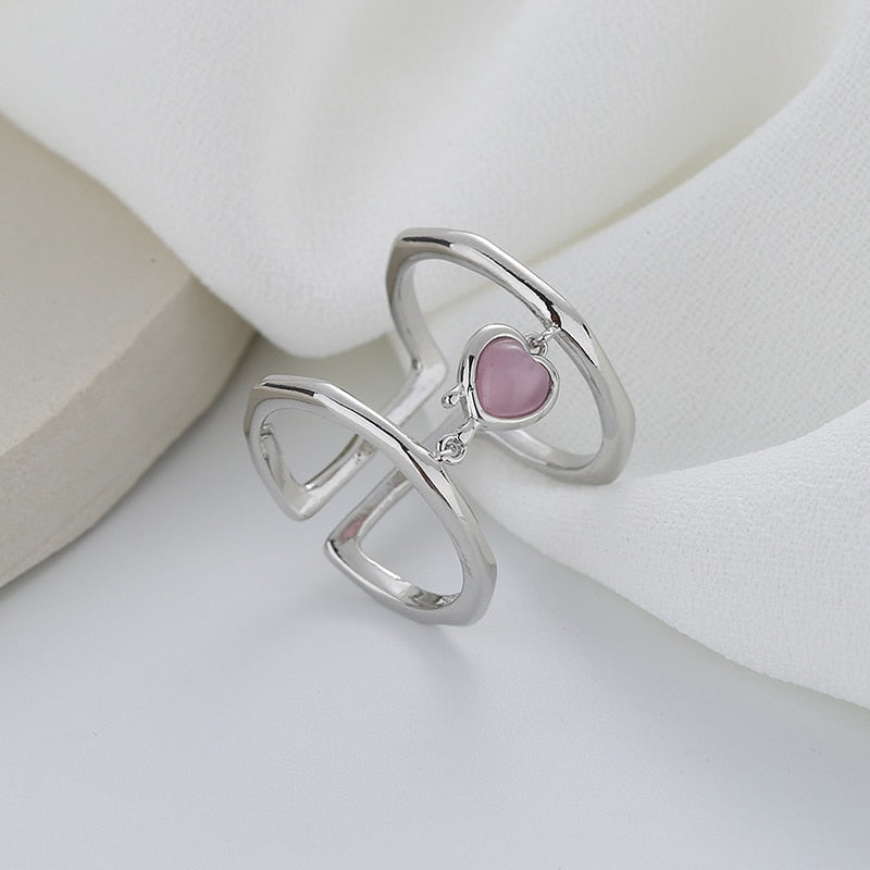 Pink Crystal Irregular Heart Ring Y2K Creative Blue Opal Broken Heart Ring