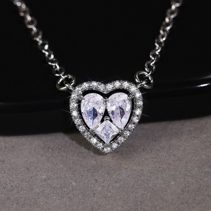 Shiny Bling Zircon Double Layer Heart Clavicle Chain Necklace