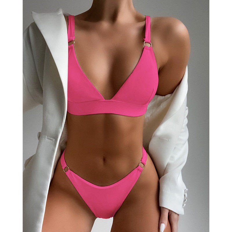 Sexy Ribbed Ring Push Up Bikinis Swimsuit Women