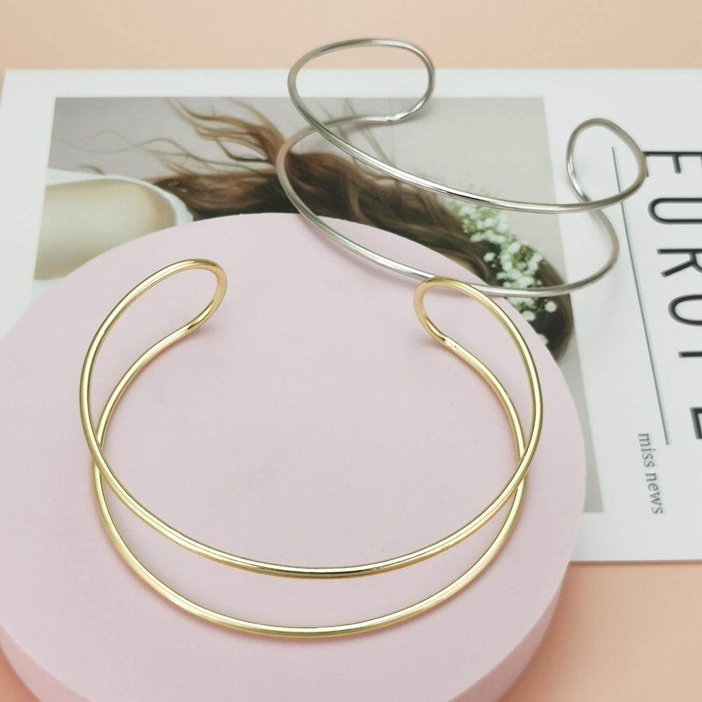 MANILAI Two Metal Line Rigid Bib Neck Torques Choker Necklace