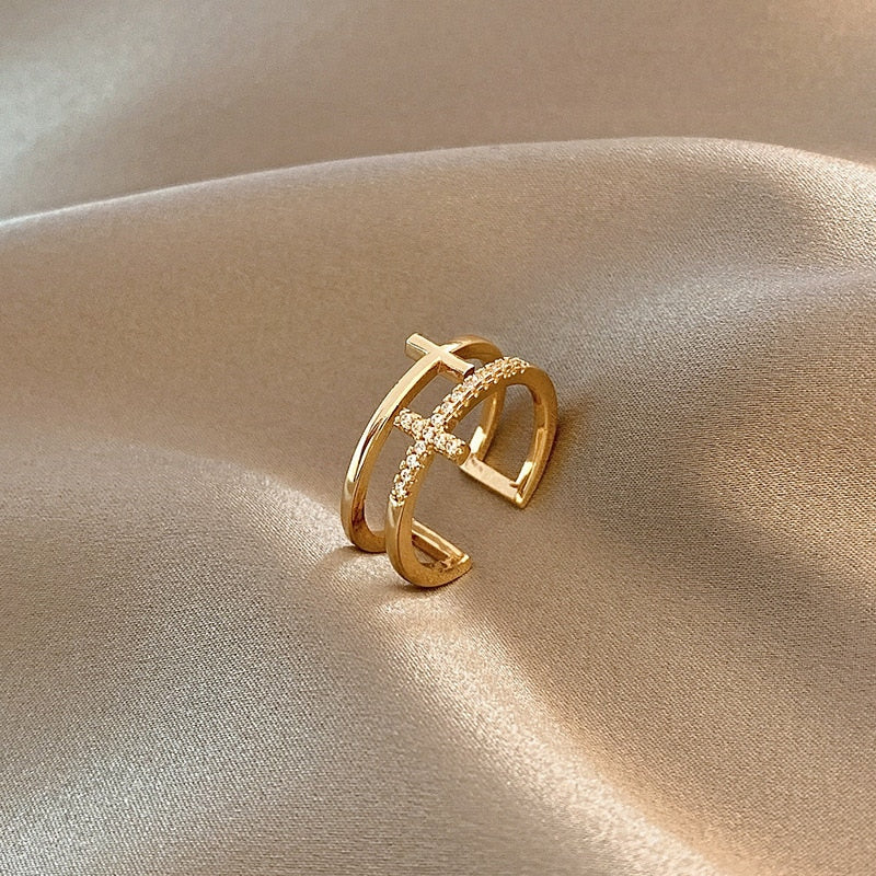Silver Color Double Cross Flashing Zircon Open Ring