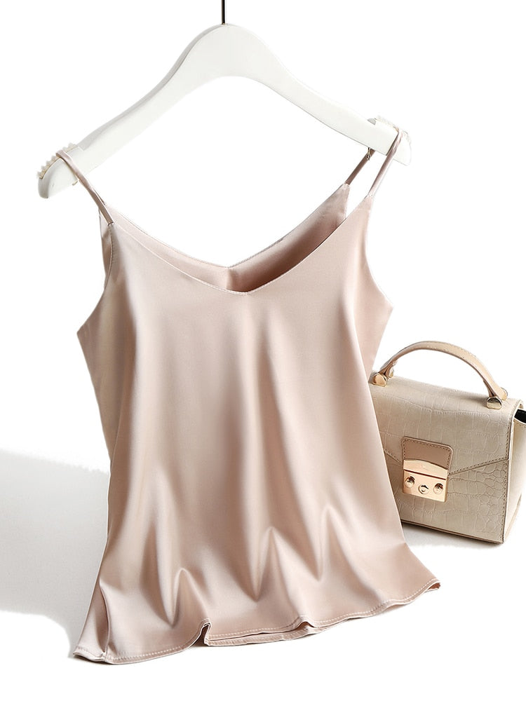 Spaghetti Strap Halter V Neck Sleeveless Satin Silk Tank Top