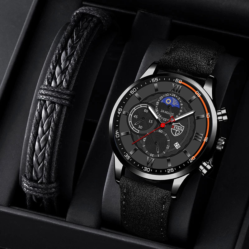 Luxury Black Leather Bracelet Men Casual Luminous Clock Watch