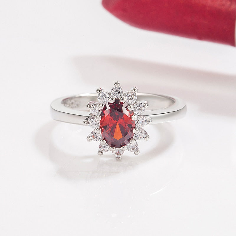 HuiSept 925 Silver Oval Emerald Ruby Zircon Gemstones Ornaments Finger Ring
