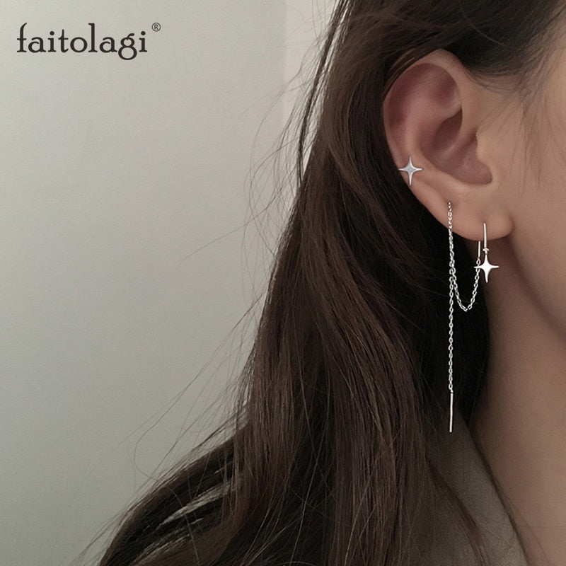 Simple Shine Star Cross Stud Earring Long Chain Tassel Earrings For Women Geometric Piercing Ear Jewelry Party Girl Gift