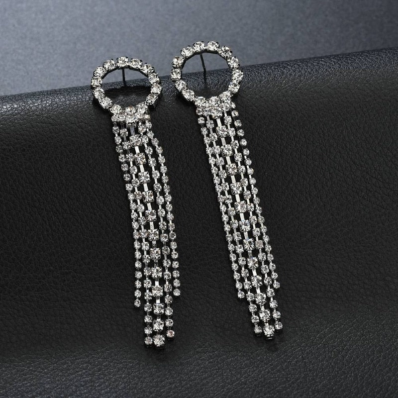 Luxury Rhinestone Crystal Long Tassel Drop Dangling Earrings