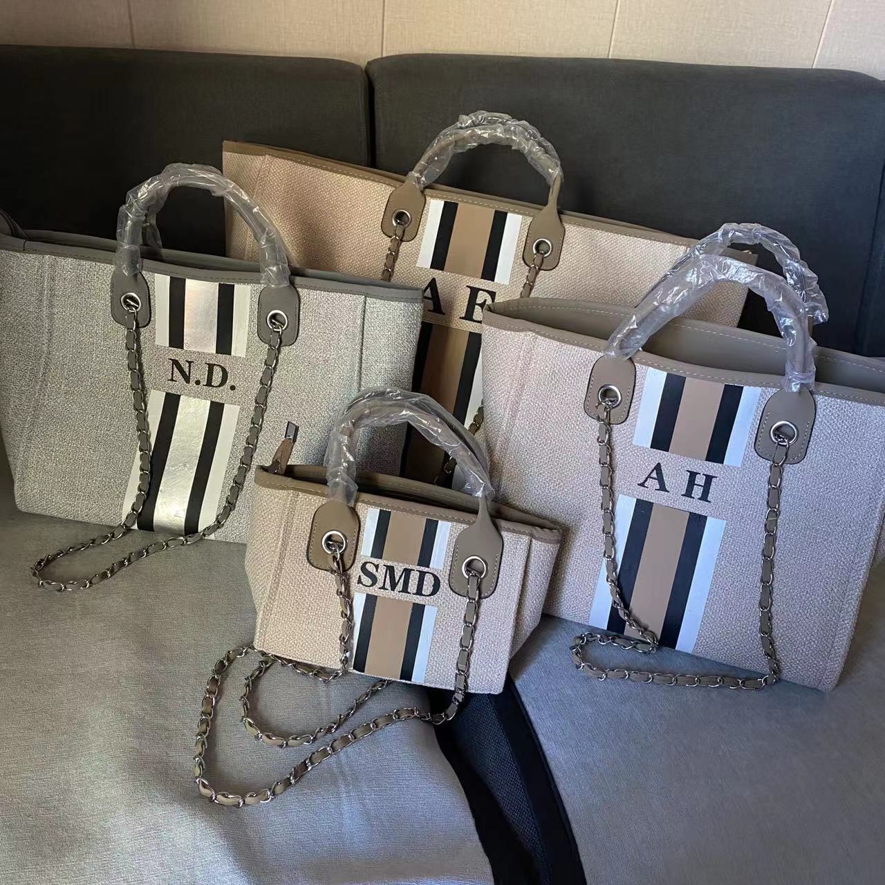 Customised Chain Handbag White Stripe Initials Canvas Tote Bag