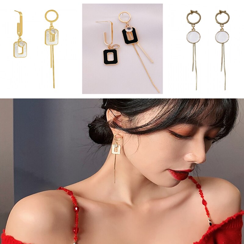 Long Statement Asymmetry Round Geometric Rectangle Black Crystal Earrings