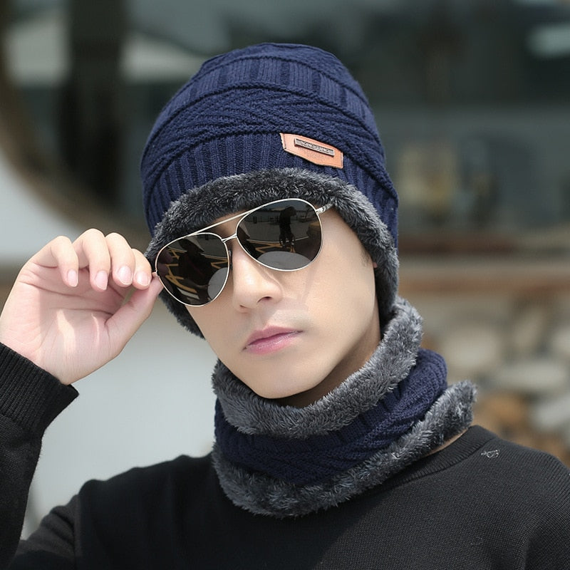 Thick Wool Neck Scarf Cap Balaclava Mask Bonnet Hats Set Unisex