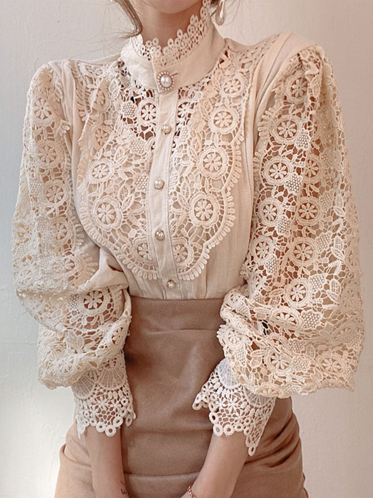 Petal Sleeve Stand Collar Hollow Out Flower Lace Patchwork Shirt
