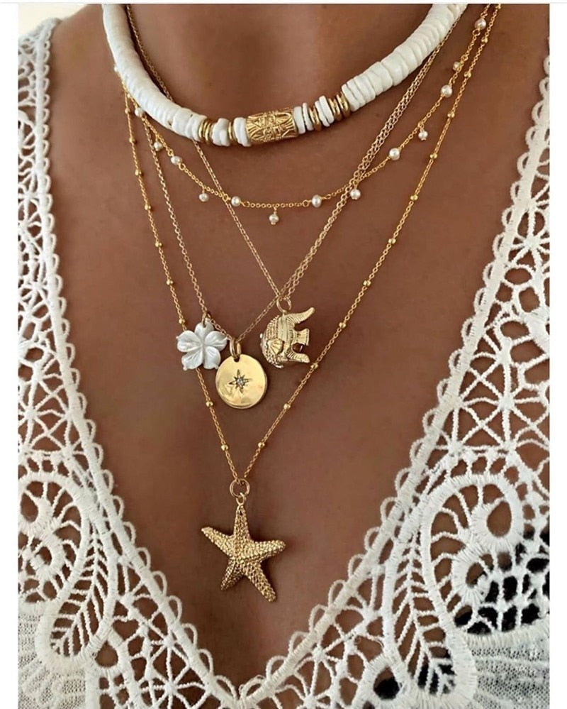 Bohemian Colorful Beads Shell Heart Layered Necklace For Women