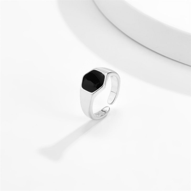 Simple Retro Hexagonal Black Glossy Adjustable Metal Ring