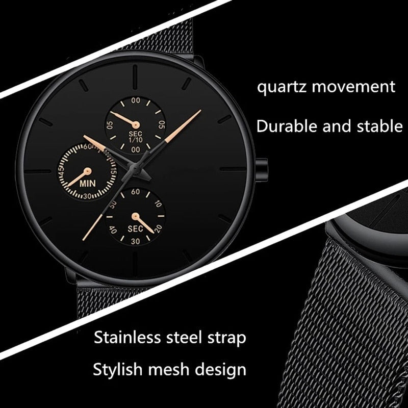 Luxury Ultra Thin Mesh Belt Quartz Men Leather Wrist Watch