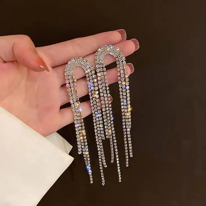 Luxury Rhinestone Crystal Long Tassel Drop Dangling Earrings
