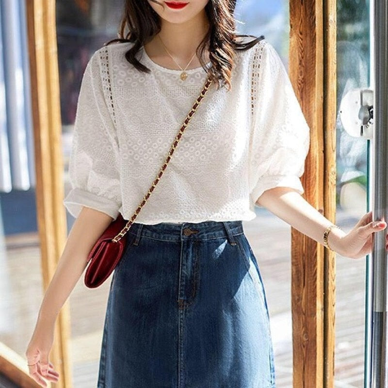 Lantern Sleeve Loose Shirts Embroidery Cotton Lace O-neck Casual Blouse