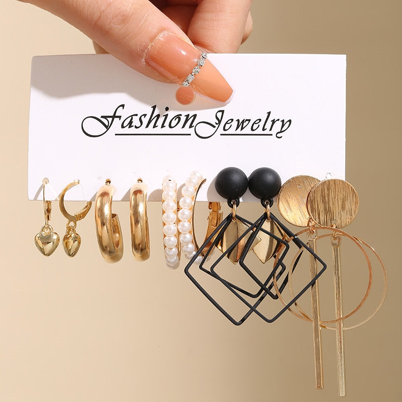 17KM Vintage Geometric Gold Plated Metal Earrings Set