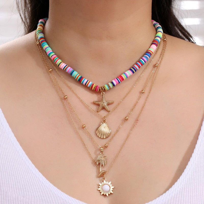 Bohemian Colorful Beads Shell Heart Layered Necklace For Women