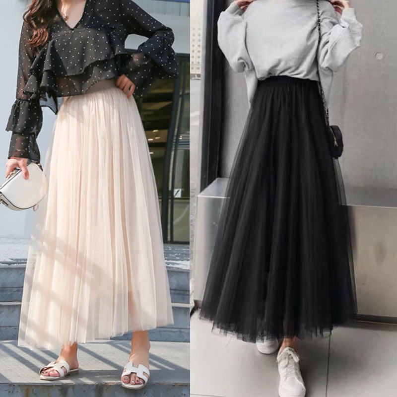 3 layers High Waist Pleated Long Skirt