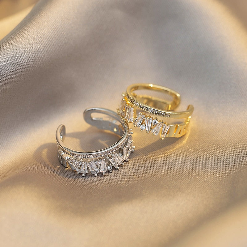 Luxury Zircon Gold Color Double Student Open Rings