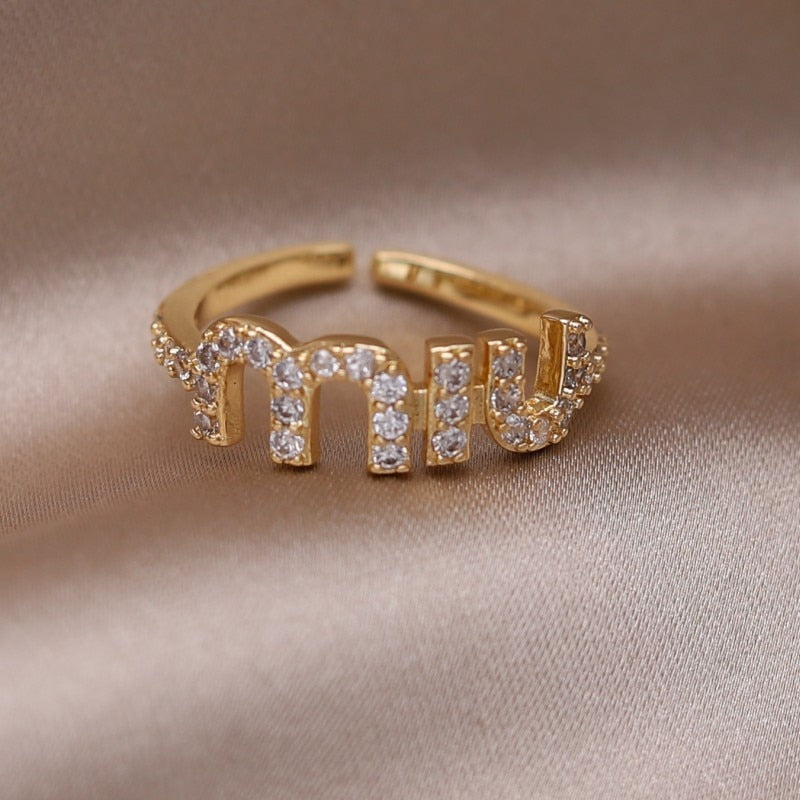 2023 Korean New Design Fashion Jewelry 14K Gold Plated Letter M Zircon Open Ring Elegant Women's Daily Work Accessories