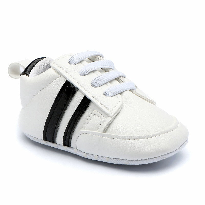 Baby Shoes Newborn Boys Sneaker Girls Two Striped First Walkers Kids Toddlers Lace Up PU Leather Soft Soles Sneakers 0-18 Months - Jeglowstore