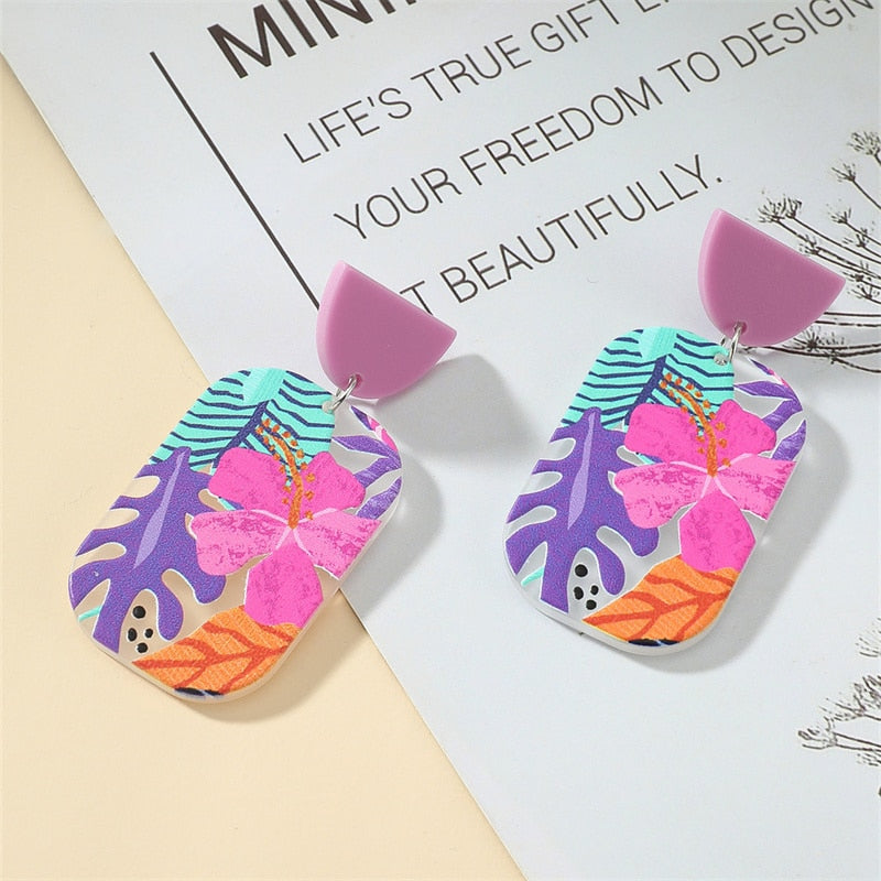 Retro Acrylic Flower Temperament Contrast Color Square Earrings