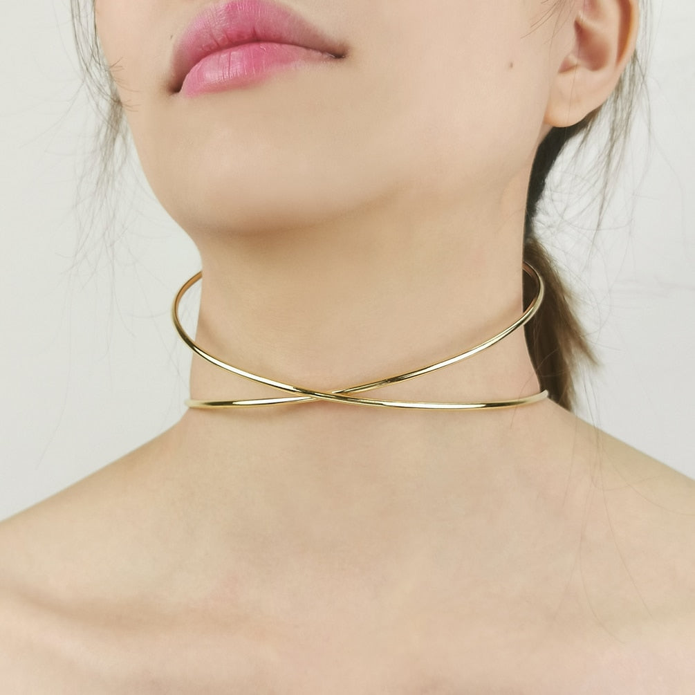 MANILAI Two Metal Line Rigid Bib Neck Torques Choker Necklace
