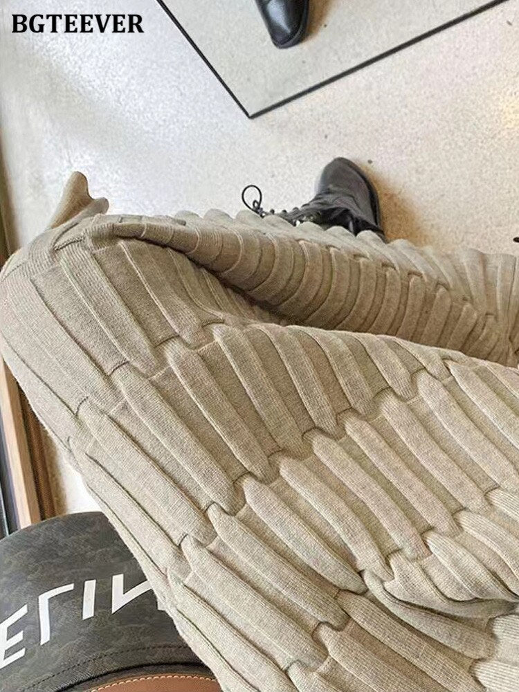 BGTEEVER Elegant High Waist Slim Fit Zipper Mid-Calf Wrapped Knitted Skirt