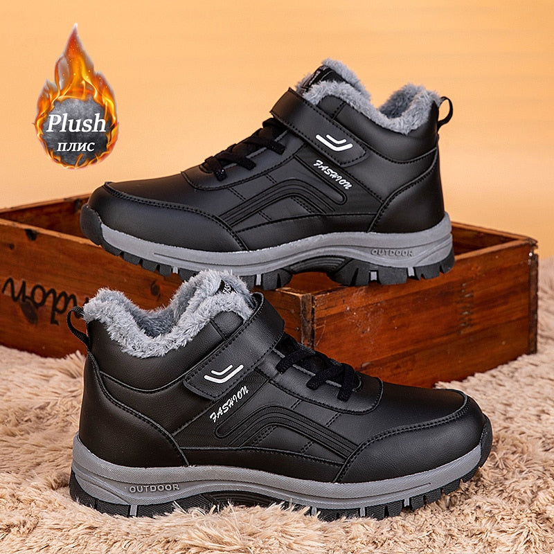 Women Men Boots Winter Snow Boots Outdoor Non-slip Sneakers Plush Leather Waterproof Boots Man High Quality Lace-up Hiking Shoes
