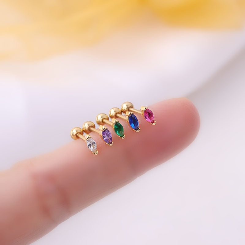 1PC Colorful Crystal Zircon Mini Stud Earrings for Women Safe Ear Cuff 20G Stainless Steel Cartilage Screw Back Piercing Jewelry
