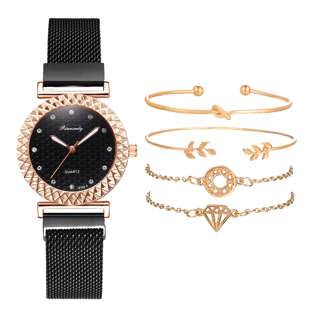 5PCS Women Set Luxury Rose Gold Dress Quartz Watch Bracelet