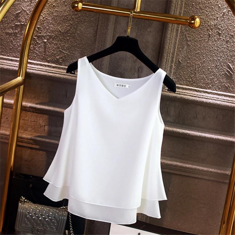 Summer Sleeveless Chiffon Shirt Solid V-neck Casual Blouse