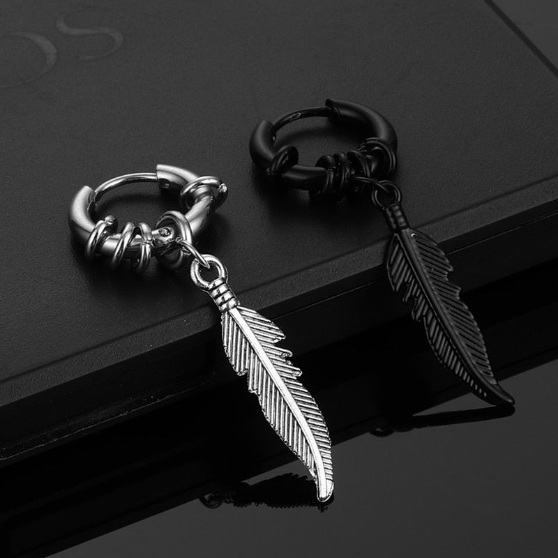 1Pcs Fashion Feather Hoop Stud Earrings For Women men 2022 New Punk Rock Style High Quality Stainless Steel Ear Jewelry Earrings