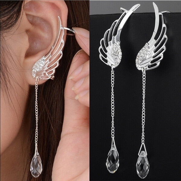 Delysia King Women Angel Wings Feather Earrings Ear Stud Trendy Crystal Tassel Jewelry