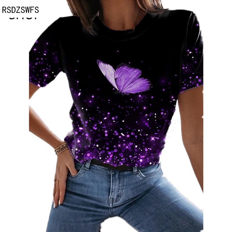 New Butterfly 3D Floral Print Round Neck Casual Lady T-shirt