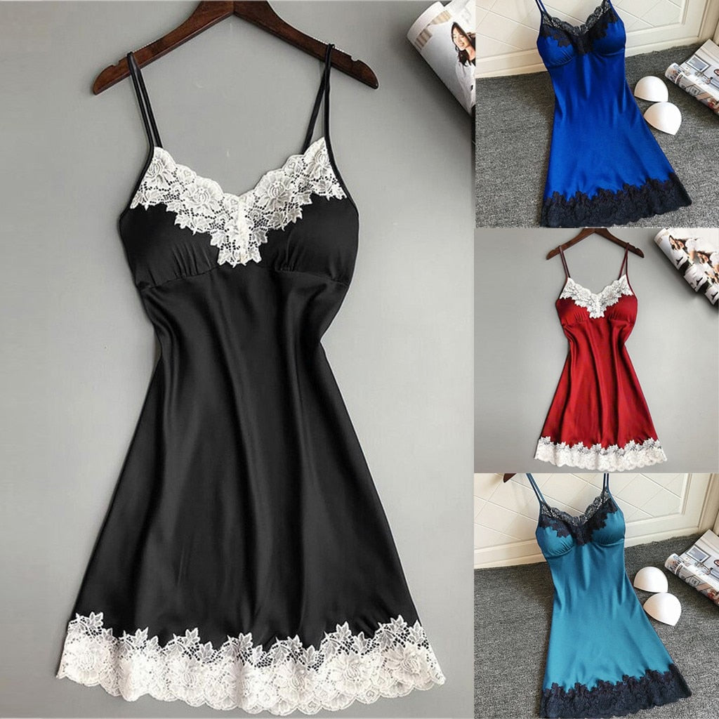 V-neck Ladies Sexy Silk Satin Night Dress Sleeveless Nighty