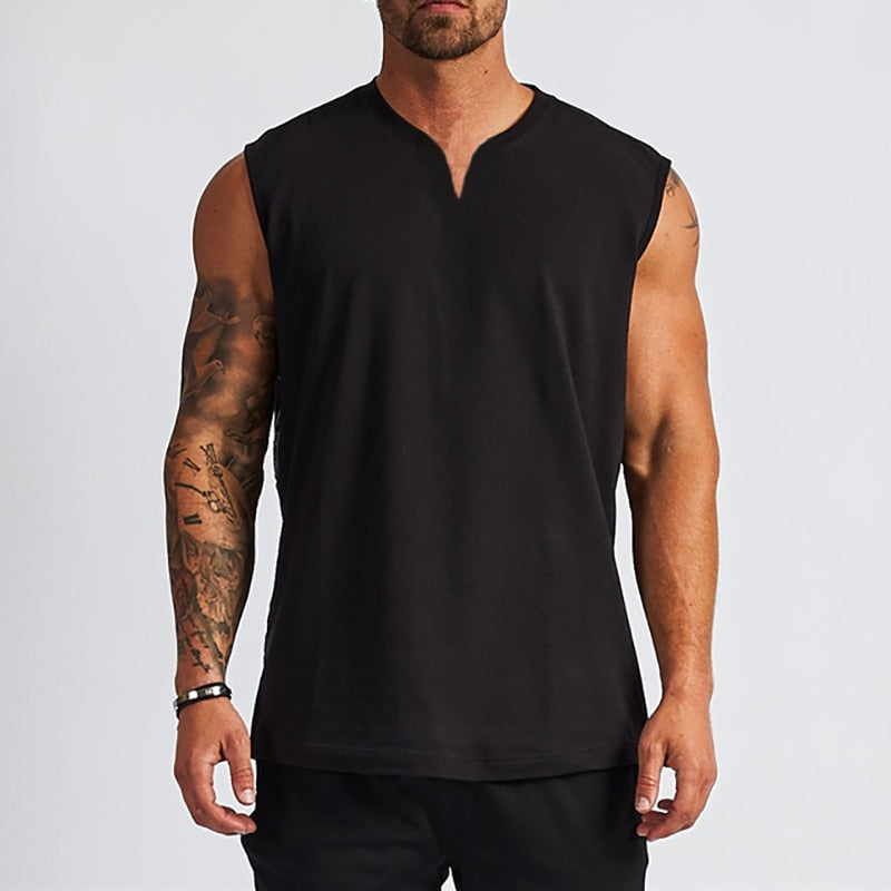 Plain Cotton V-neck Fitness Tank Top Men