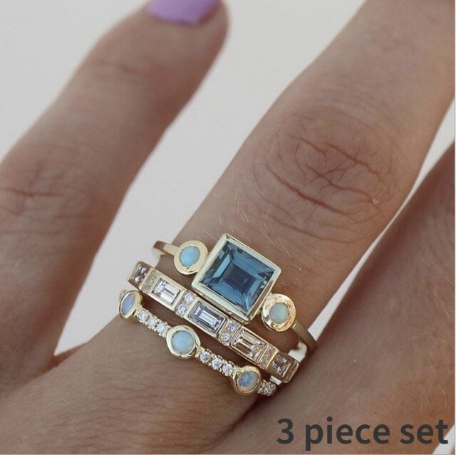 4 pcs/set Geometric Gold Color Combination Round Zircon Crystal Ring