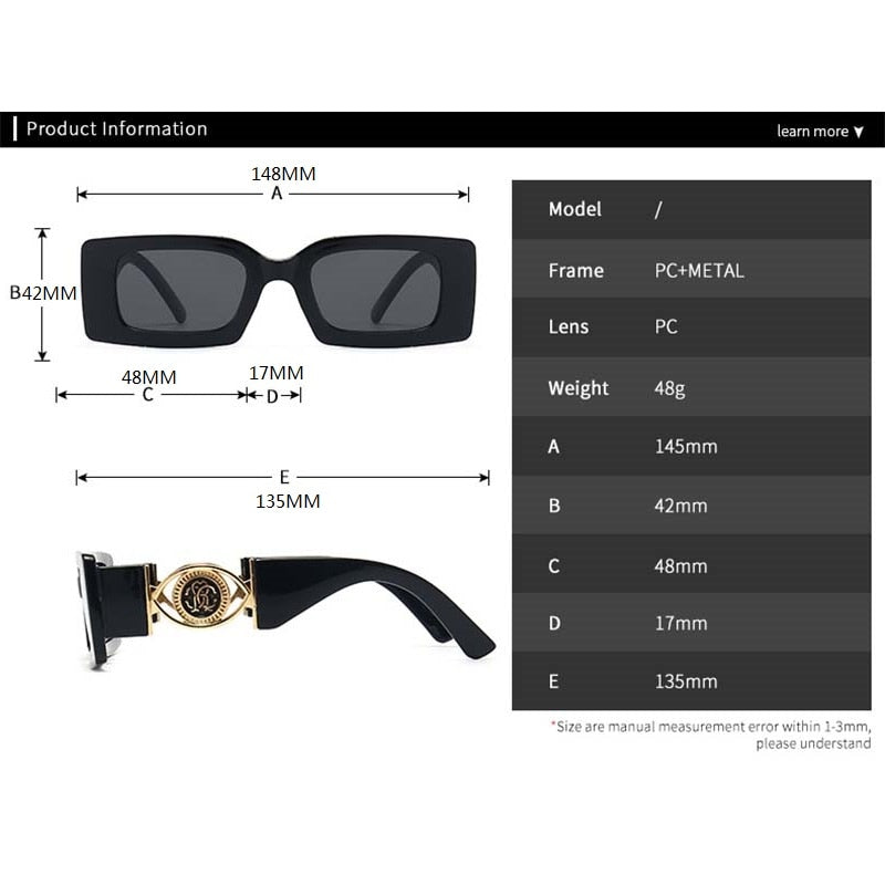 Vintage Fashion Square Luxury Designer Black Sun glasses