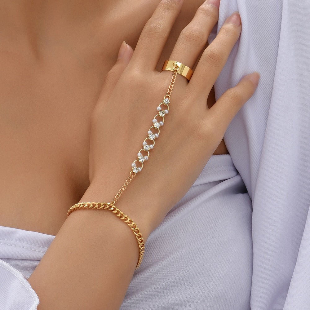 Simple Link Connected Gold plated Wide Finger Ring Bracelet