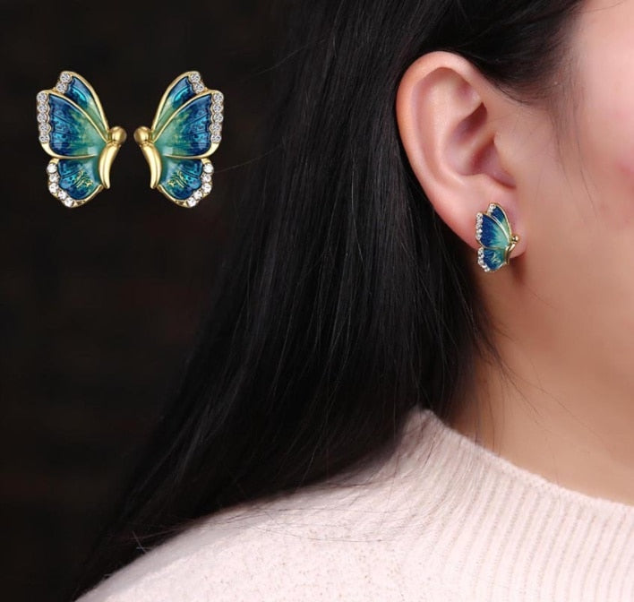 Delysia King Women 2021 Trendy Blue Butterfly Ear Studs High Grade Crystal Elegant Temperament Banquet Jewellery