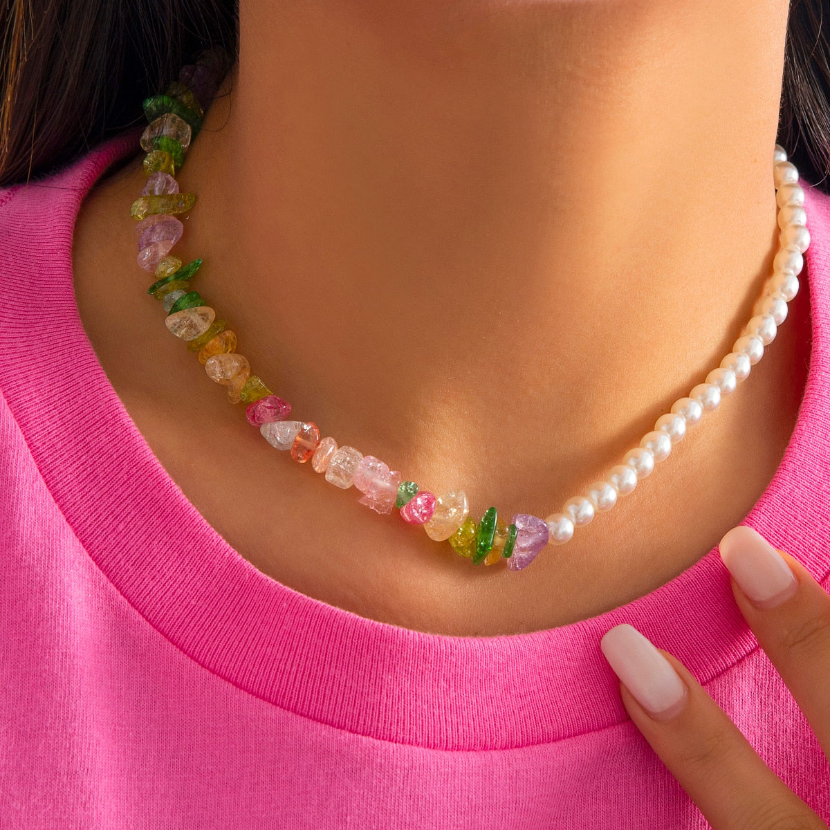 Salircon Trend Bohemia Rainbow Color Seed Beads Chain Choker Necklace