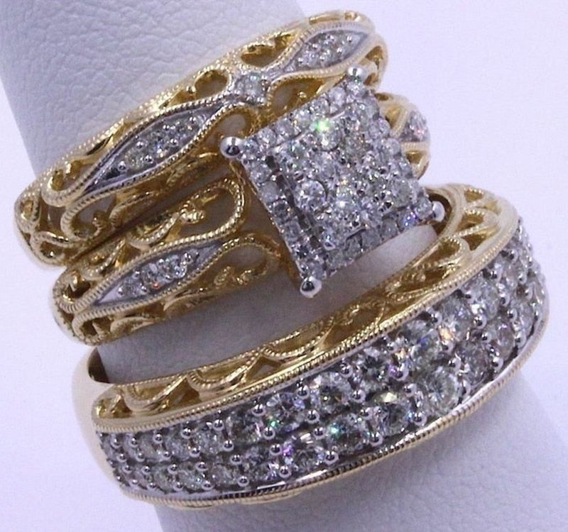 3 pcs/set Fashion Colorful Zircon Inlaid Hollow Metal Ring - Jeglowstore