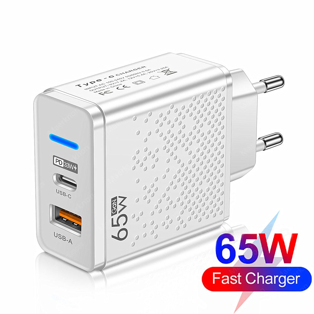 GaN 65W USB C Charger PD Type C Fast Charging Wall Adapter For iPhone 14 13 Xiaomi Samsung Macbook Quick Charge3.0 Phone Charger