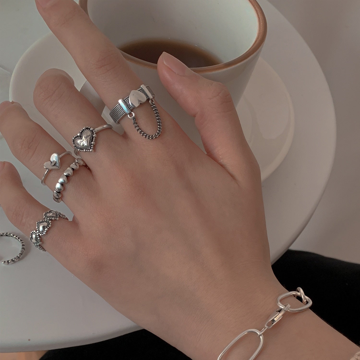 Hollow Heart Ring Set 5PCS Elegant Vintage Adjustable