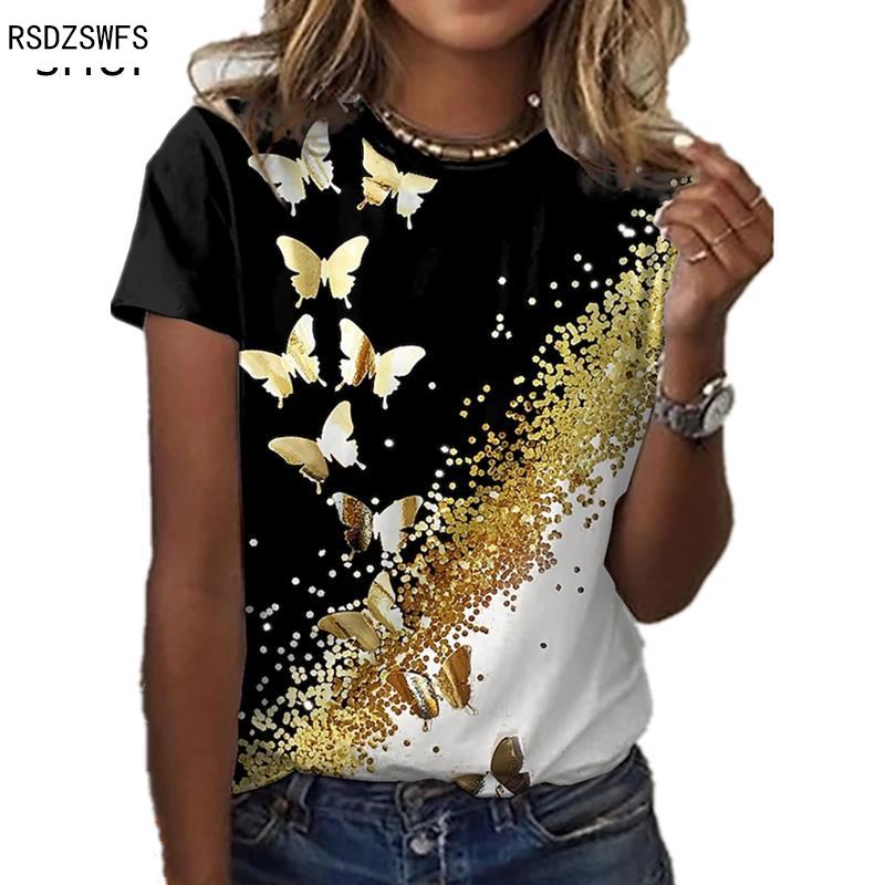 New Butterfly 3D Floral Print Round Neck Casual Lady T-shirt