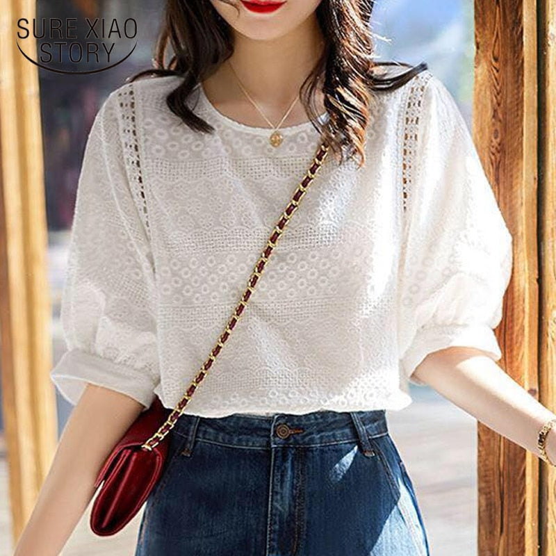 Lantern Sleeve Loose Shirts Embroidery Cotton Lace O-neck Casual Blouse