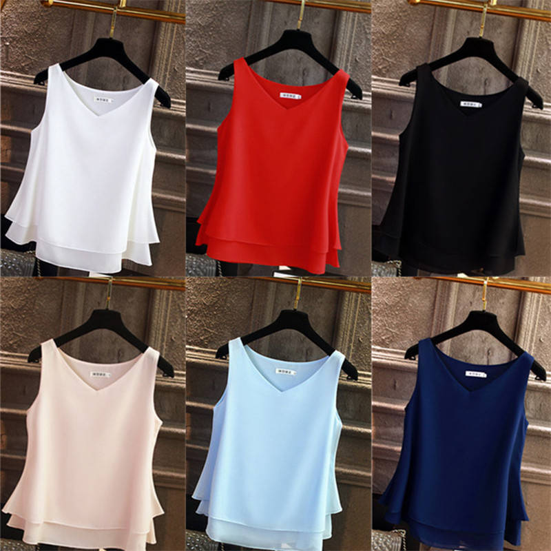 Summer Sleeveless Chiffon Shirt Solid V-neck Casual Blouse