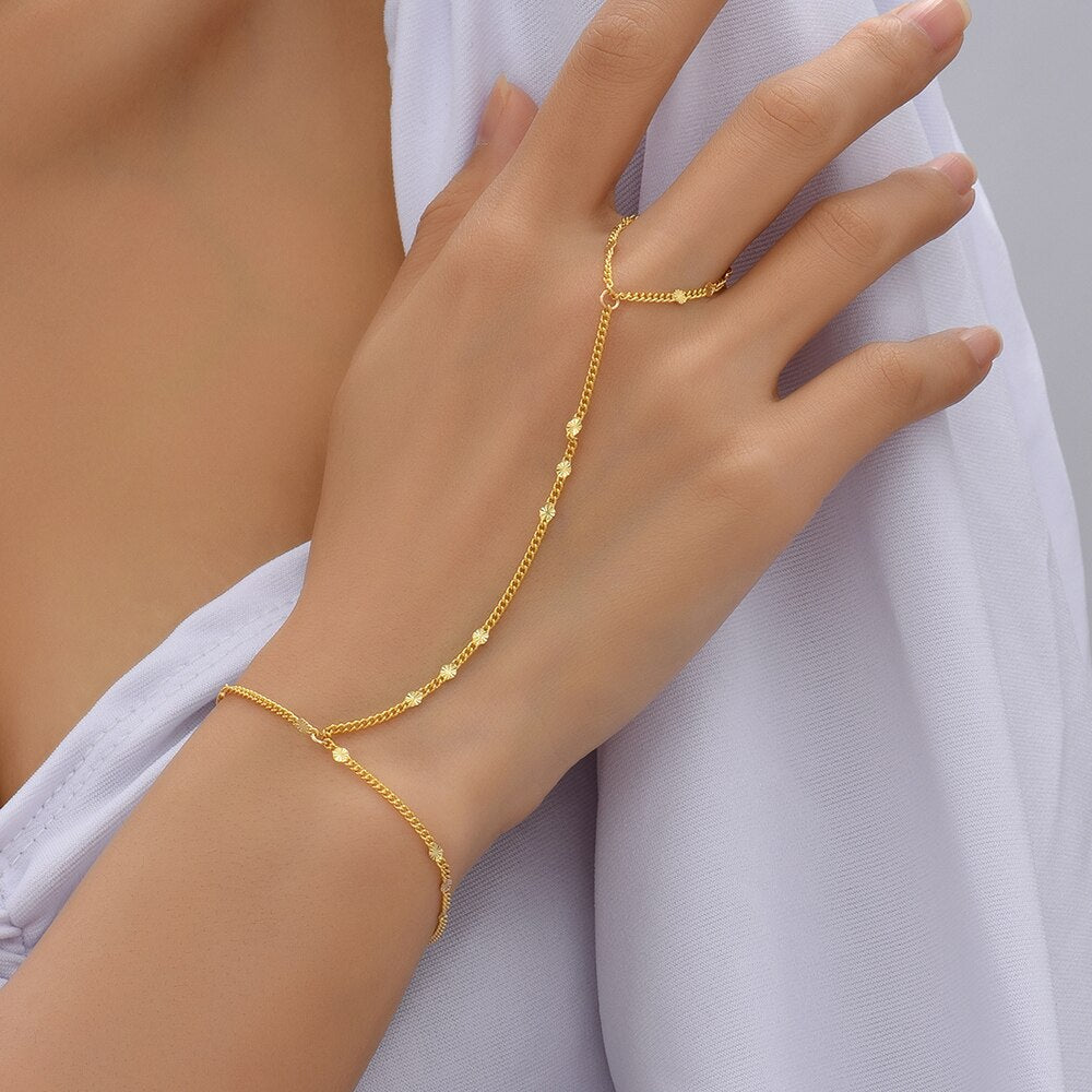 Simple Link Connected Gold plated Wide Finger Ring Bracelet