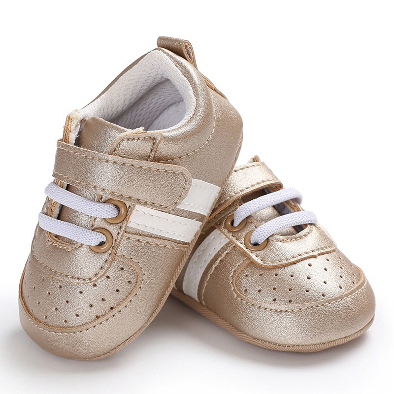 Baby Shoes Newborn Boys Sneaker Girls Two Striped First Walkers Kids Toddlers Lace Up PU Leather Soft Soles Sneakers 0-18 Months - Jeglowstore
